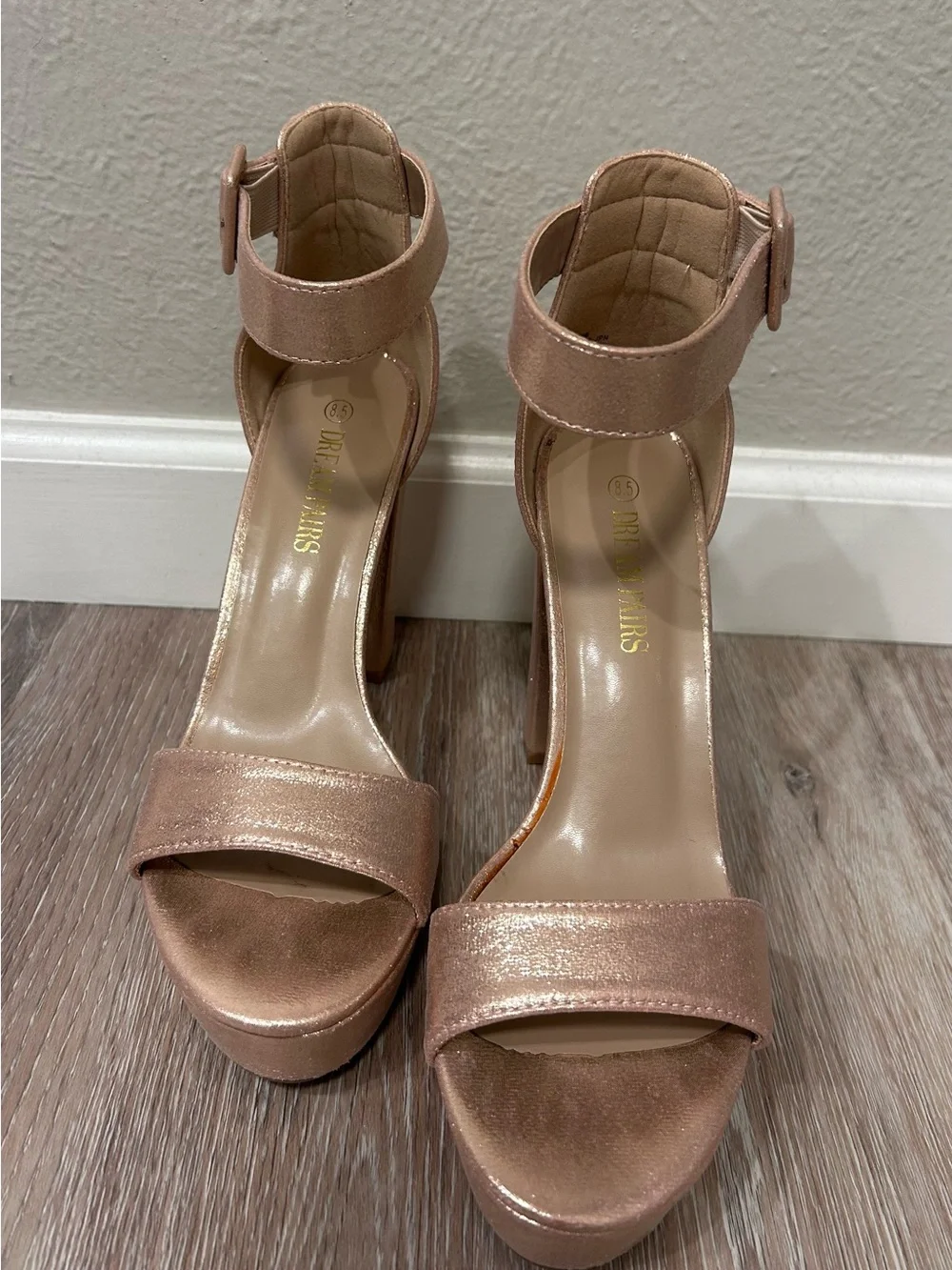 Platform Ankle-Strap High Heels in Rose Gold size 8.5